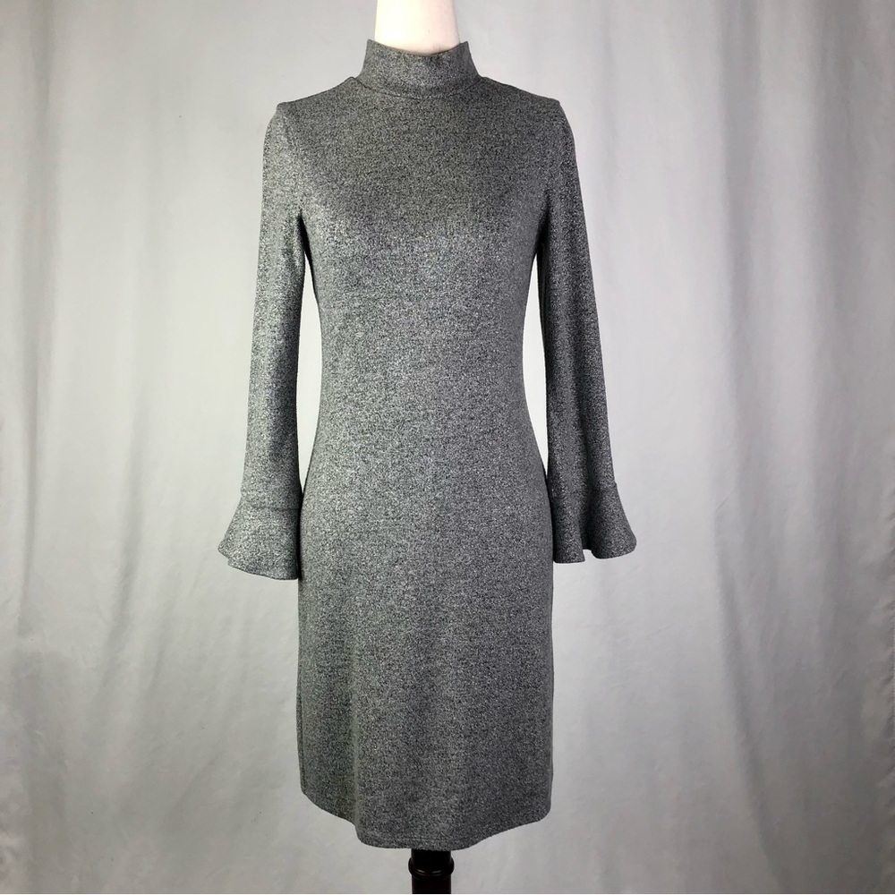 White House Black Market bodycon knit dress mock neck ruffle sleeves metallic